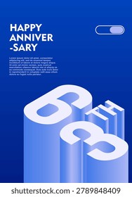 63rd Modern anniversary poster template featuring a bold 3d isometric number on a vibrant blue background.