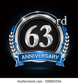 63rd silver anniversary logo with laurel wreath, blue ribbon and ring. vector design