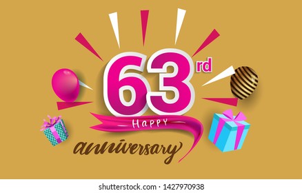 63rd Years Anniversary Celebration Design, with gift box and balloons, ribbon, Colorful Vector template elements for your birthday celebrating party.