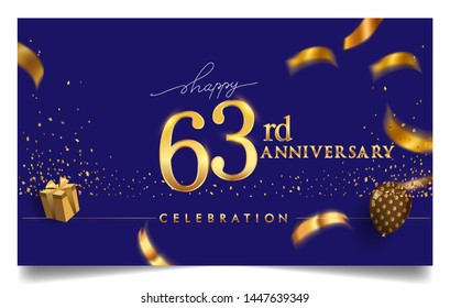 63rd years anniversary design for greeting cards and invitation, with balloon, confetti and gift box, elegant design with gold and dark color, design template for birthday celebration.