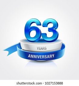 63rd years blue anniversary logo celebration with ring and ribbon.