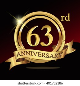 63rd years golden anniversary logo celebration with ring and ribbon. Vector template elements for your birthday party.
