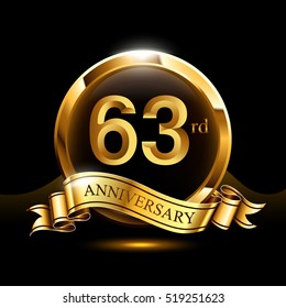 63rd years golden anniversary logo celebration with ring and ribbon.