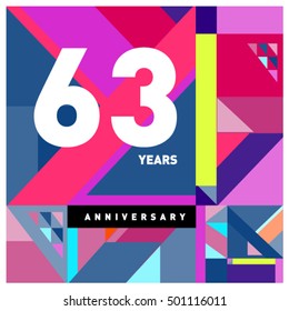 63rd years greeting card anniversary with colorful number and frame. Memphis style cover and design template