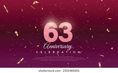 63th Anniversary celebration, 63 Anniversary celebration, Dark purple background, festive illustration,Realistic 3d sign, stars, Pink number with red ribbon 63 sparkling confetti, 63,64
