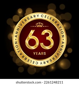 63th Anniversary Celebration. logo design with golden number and ring for birthday celebration event, invitation, greeting card, banner, poster, flyer, brochure, book cover. Logo Vector Template