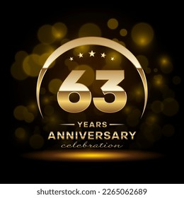 63th Anniversary Celebration. Logo design with golden ring and text for anniversary celebration event, invitation, wedding, greeting card, banner, poster, flyer, brochure. Logo Vector Template