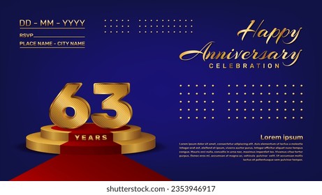 Plantilla vectorial de celebración de 63 años con estilo de números 3D y etapa dorada, plantilla Vector