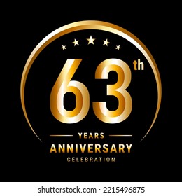 63th Anniversary, Logo design for anniversary celebration with gold ring isolated on black background, vector illustration