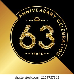 63th Anniversary. logo design with golden numbers and text for birthday celebration event, invitation, wedding, greeting card, banner, poster, flyer, brochure. Logo Vector Template