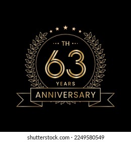 Diseño del logo del 63° Aniversario con laurel para celebración de evento, invitación, pancarta, afiche, volante, tarjeta de saludo. Diseño de arte de línea, Ilustración de vectores de logotipos