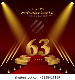 63th anniversary logo with numbers and podium in gold color, logo design for celebration event, invitation, greeting card, banner, poster, and flyer, vector template