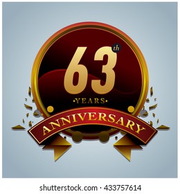 63th anniversary logo with red ribbon and gold. Anniversary signs illustration. gold anniversary logo with red ribbon and circle ring