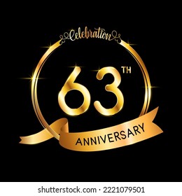 63th Anniversary. Perfect template design for Anniversary celebration event with gold color ribbon and ring, vector illustration