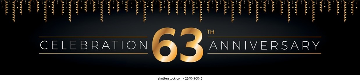 63th anniversary. Sixty-three years birthday celebration horizontal banner with bright golden color.