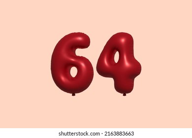 64 3d number balloon made of realistic metallic air balloon 3d rendering. 3D Red helium balloons for sale decoration Party Birthday, Celebrate anniversary, Wedding Holiday. Vector illustration