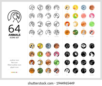 64 animals icons set vector design in filled, thin line, outline and flat style.