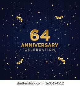64 anniversary celebration with blue hexagon background.