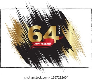 64 Anniversary celebration, Luxury anniversary template over gold and black brush, Golden number with red ribbon isolation background, Party event decoration, Vector.