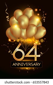 64 Anniversary Logo Celebration with Golden balloon and confetti, Isolated on dark Background