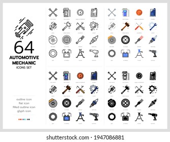 64 iconos mecánicos de automoción configuran el diseño vectorial en líneas llenas, delgadas, contorno y plano.