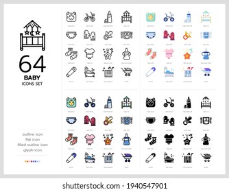 64 baby icons set vector design in filled, thin line, outline and flat style.