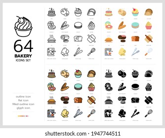 64 bakery icons set vector design in filled, thin line, outline and flat style.