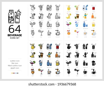 64 beverage icons set vector design in filled, thin line, outline and flat style.