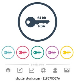 64 bit rsa encryption flat color icons in round outlines. 6 bonus icons included.