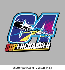 64. blue color racing number, sport racing number with yellow white abstract style and red haltone vector illustration .isolated gray background