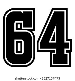 64 Classic Vintage Sport Jersey  Uniform numbers in black with a black outside contour line number on white background for American football, Baseball and Basketball or soccer