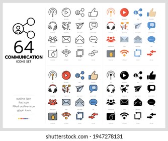 64 communication icons set vector design in filled, thin line, outline and flat style.