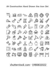 64 Consturction Hand Drawn line icon set vector