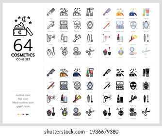 64 cosmetics icons set vector design in filled, thin line, outline and flat style.