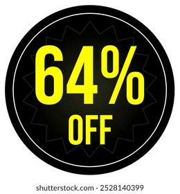 64% discount tag, black and yellow round shape, perfect for marketing promotions and retail sales