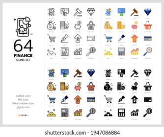 64 finance icons set vector design in filled, thin line, outline and flat style.