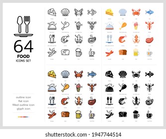 64 food icons set vector design in filled, thin line, outline and flat style.