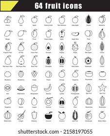 64 Fruit line icons vector illustration