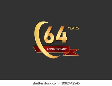 64 golden anniversary design logotype  with gold swoosh ring and red ribbon can be used  for celebration event, isolated on dark background