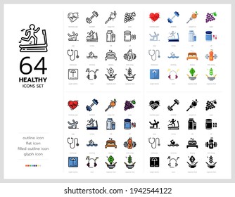 64 healthy icons set vector design in filled, thin line, outline and flat style.