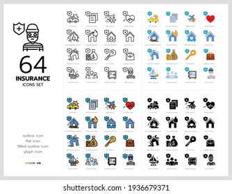 64 insurance icons set vector design in filled, thin line, outline and flat style.