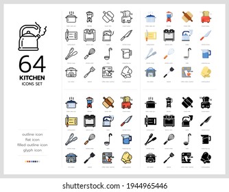 64 kitchen icons set vector design in filled, thin line, outline and flat style.