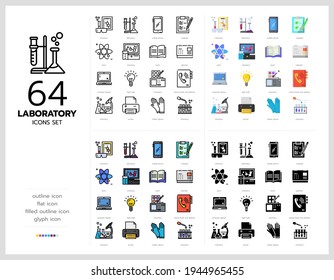 64 íconos de laboratorio establecen el diseño vectorial en líneas llenas, delgadas, contorno y plano.
