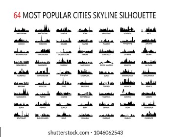 64 Most popular world cities skyline silhouettes vectors