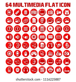 64 Multimedia Flat Icon Red Pack