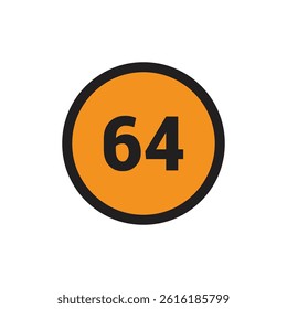 64 Number icon vector Orange Circle with Black design