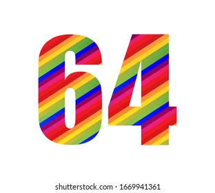 Dígito numérico de 64 números estilo arco iris. Diseño colorido de ilustración de vector número sesenta aislado en fondo blanco.