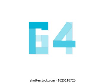 64 number, vector logo, paper cut desing font made of blue color tones .Isolated on white background. Eps10 illustratio5