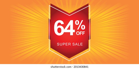 64% off. Orange banner with sixty-four percent discount on a red balloon for mega offers.