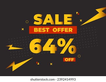 64% off sale best offer. Sale banner with sixty four percent of discount, coupon or voucher vector illustration. Yellow and red template for campaign or promotion.